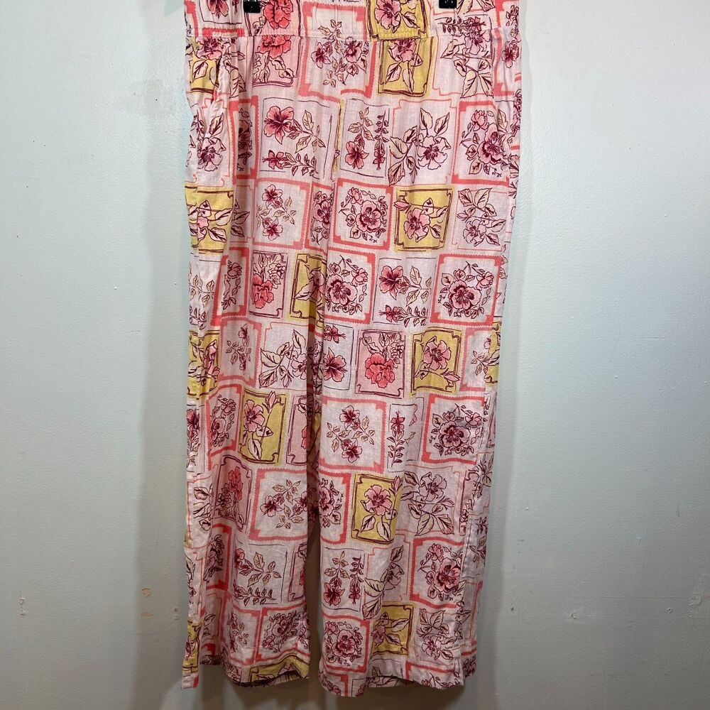 JOIE 100% Linen Patchwork Coral Yellow Wide Legs Pants XL Cottagecore Casual